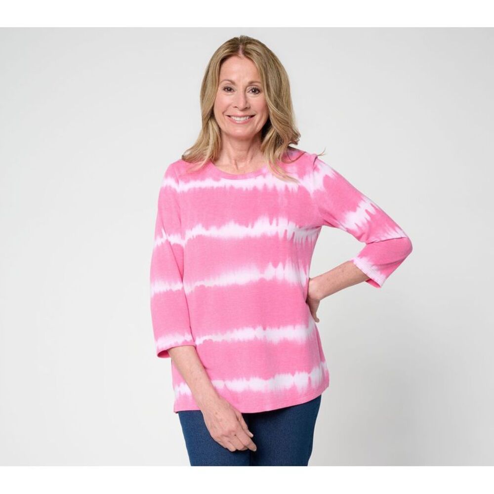 Denim & Co. Women's Top Petite PM Soft Blend Tie Dye Stripe Printed Pink